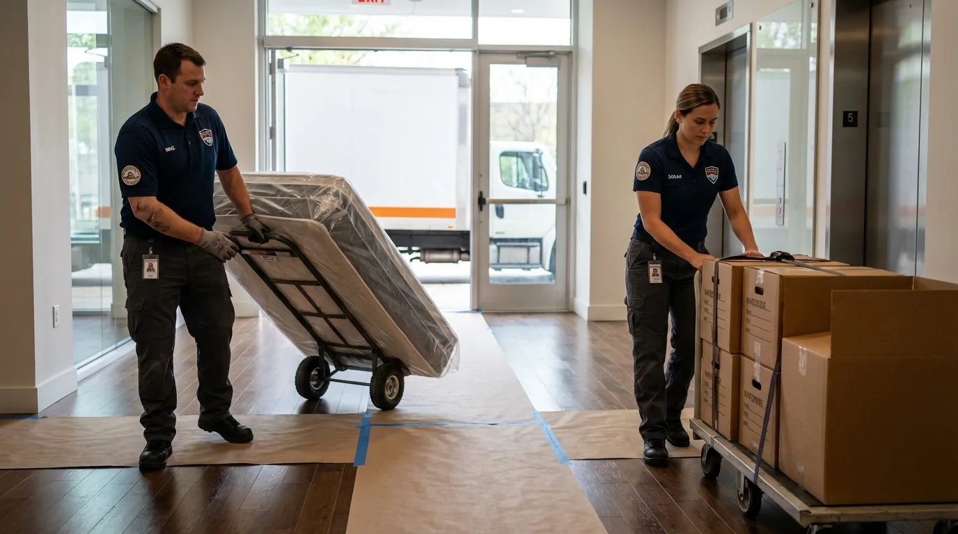 Professional apartment movers loading elevator in Purchase, NY